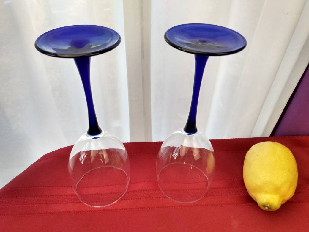 Luminarc Cobalt Stem Water Glasses Set Of 2 Blue Retro 80's Stemware