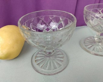 Vintage Glassware, Anchor Hocking Waterford Dessert Sherbet Cups Champagne Cups Set Of 2 Waffle Pattern, Depression Glass
