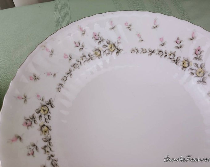 Vintage Style Home Fine China Picardy 9 inch Vegetable Bowl Petite Yellow And Pink Roses White Swirl  Silver Trim Vegetable Serving Bowl