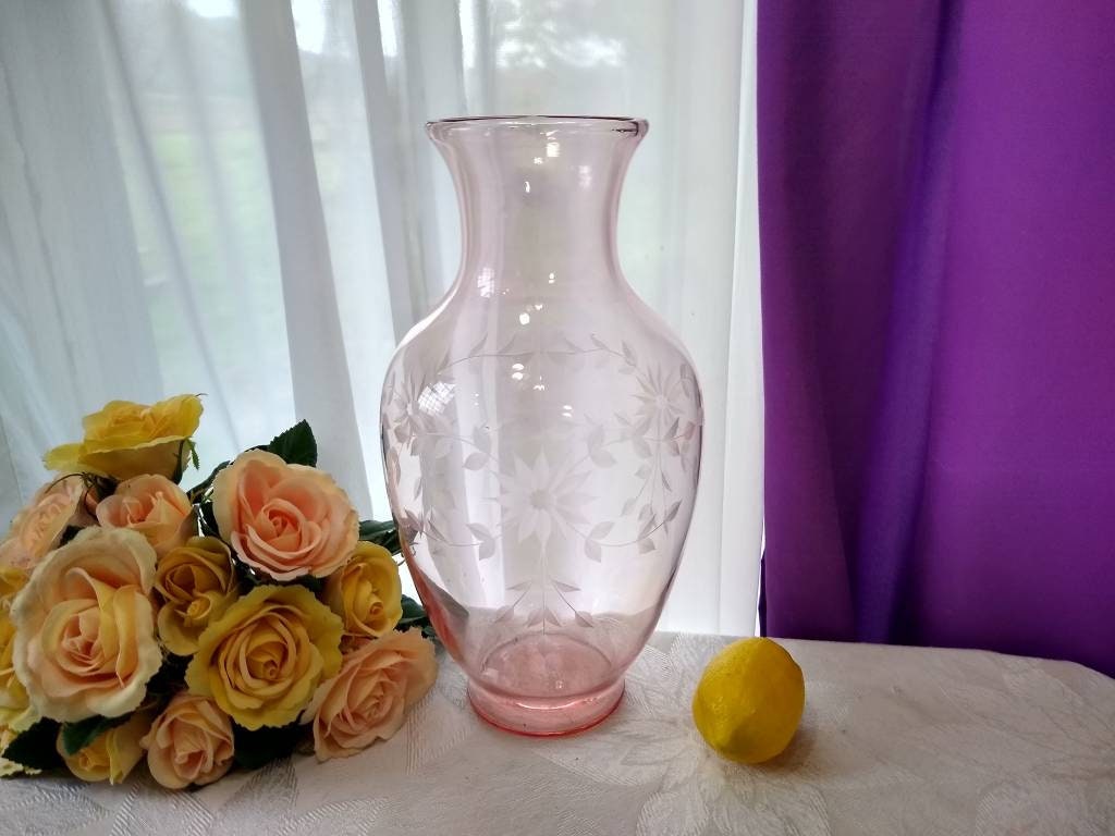 Large Classic Pink Depression Glass Vase Etched Pale Pink Etched Floral