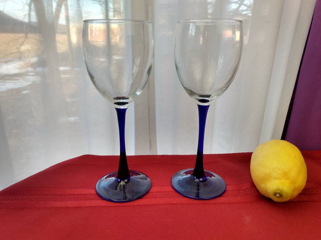 Luminarc Cobalt Stem Water Glasses Set Of 2 Blue Retro 80's Stemware