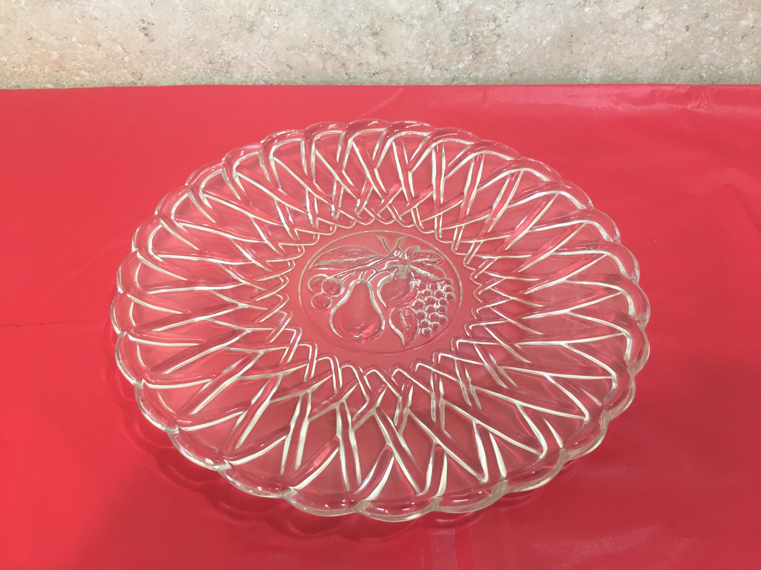 Set of 4 9 3/8 Inch Pretzel Glass Intaglio Fruit Embossed Center