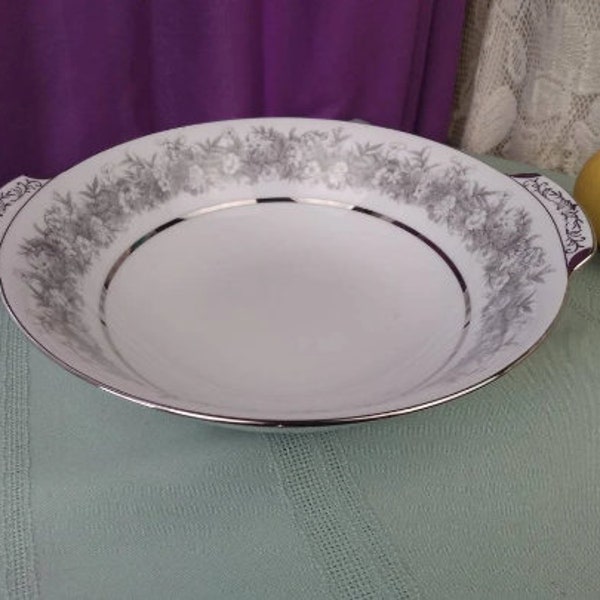Vintage tableware, Sango Florentine Serving Bowl 9 1/2 inch Fine China Gray Flowers Floral Boarder Platinum Silver Trim Florentine By Sango