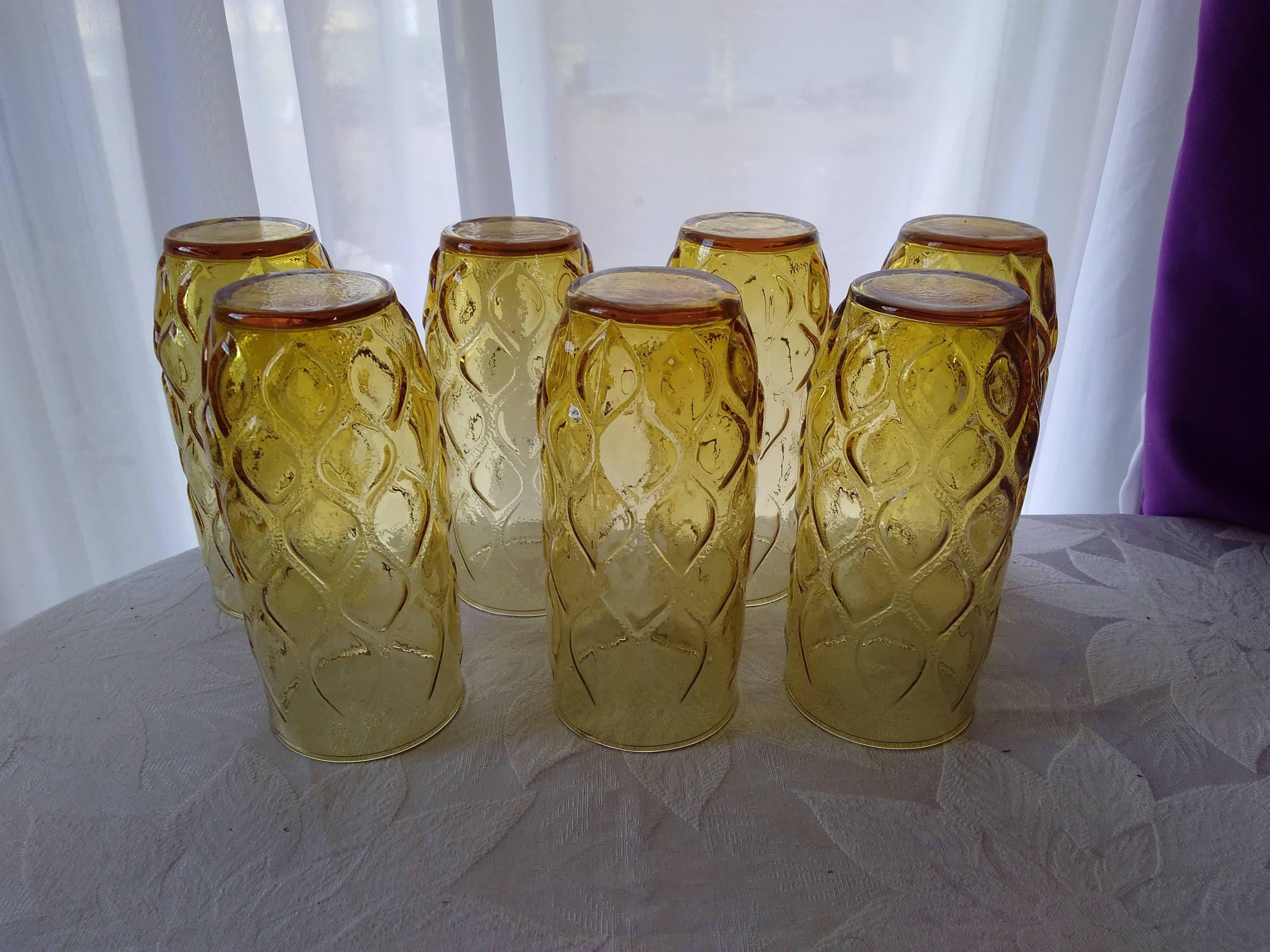 Set of 7 Anchor Hocking Amber Yellow Madrid 7 Inch Tall Retro 1970's