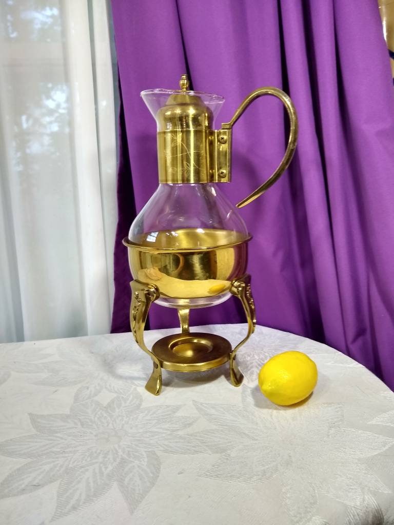 Vintage Brass Coffee Carafe With Candle Warming Base Mid Century Formal