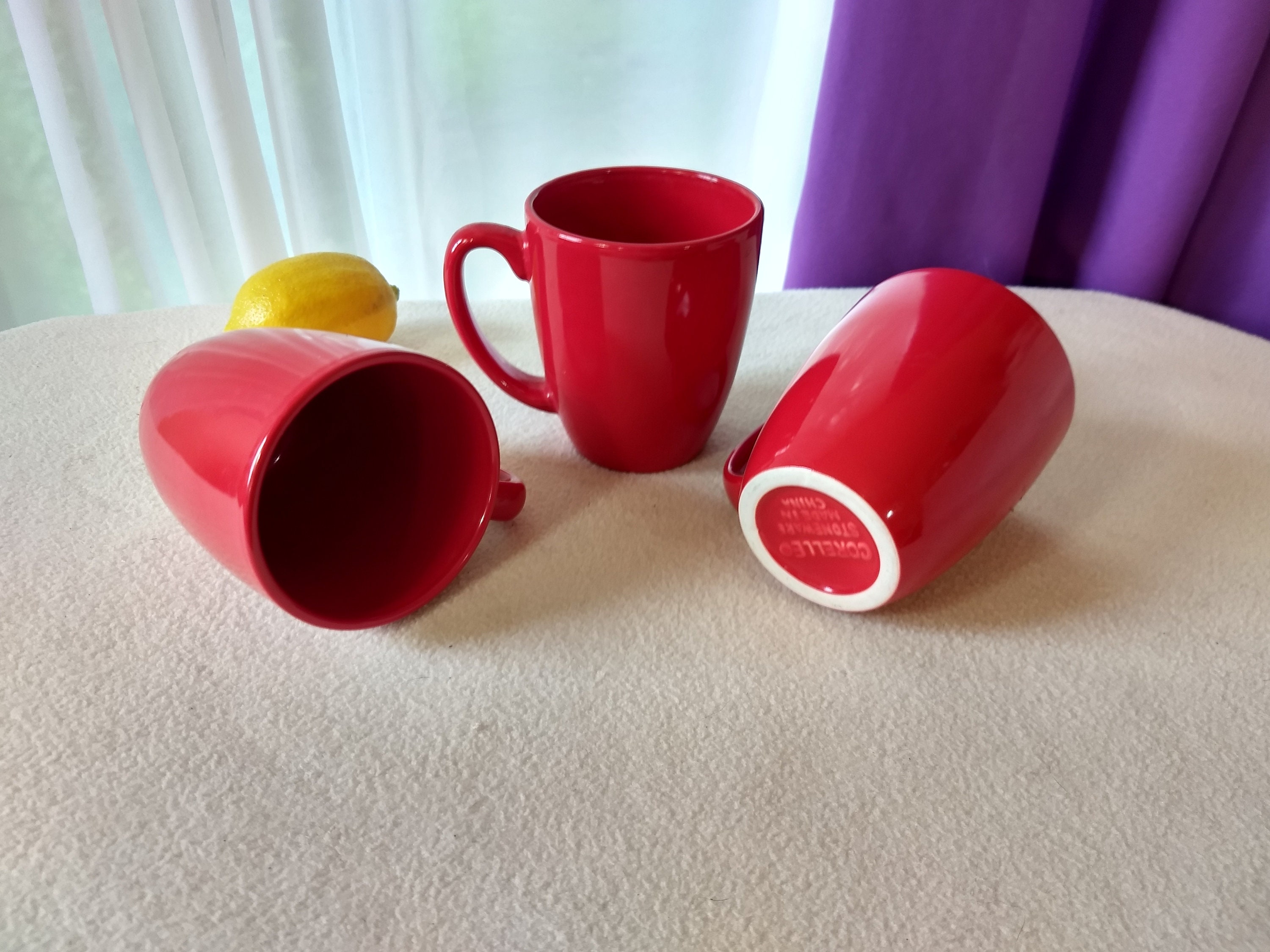 Set Of 3 Corelle Coordinates Solid Bright Red Ceramic Stoneware Coffee