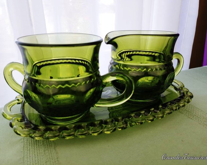 Kings Crown Thumbprint Green Glass  Creamer And Sugar Bowl With Tray Indiana Glass Vintage Retro Kitchen Replacements Avocado Olive