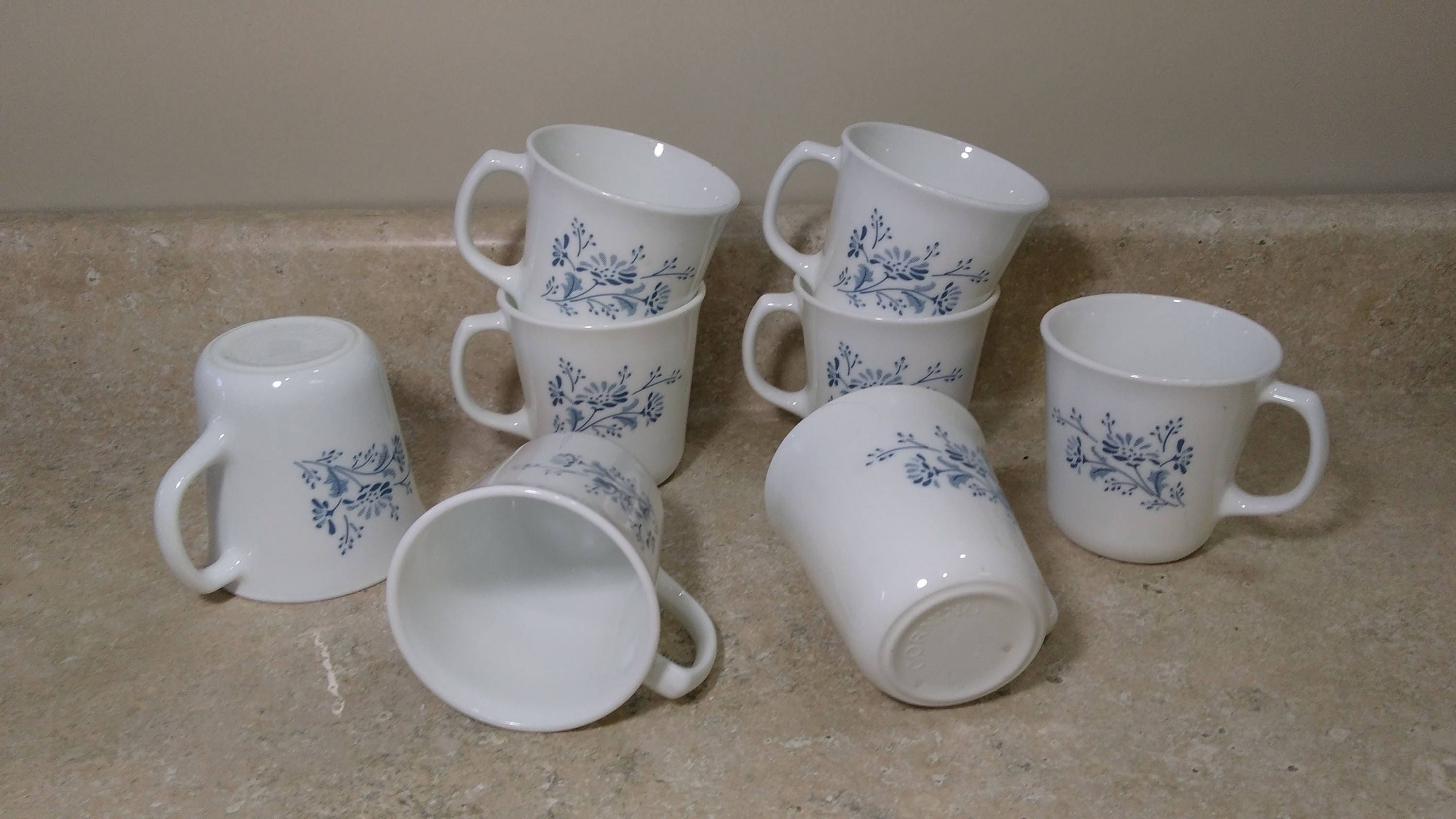 Set of 8 Corning Corelle Colonial Mist Coffee Cups Mugs Blue Floral Flowers