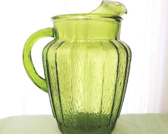 Vintage Drinkware Avocado Green Sprucewood Serving Water Iced Tea Pitcher Anchor Hocking Rare Vintage Textured Paneled Glass Drinkware