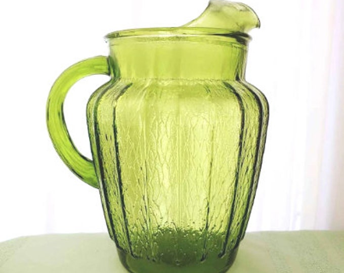 Vintage Drinkware Avocado Green Sprucewood Serving Water Iced Tea Pitcher Anchor Hocking Rare Vintage Textured Paneled Glass Drinkware