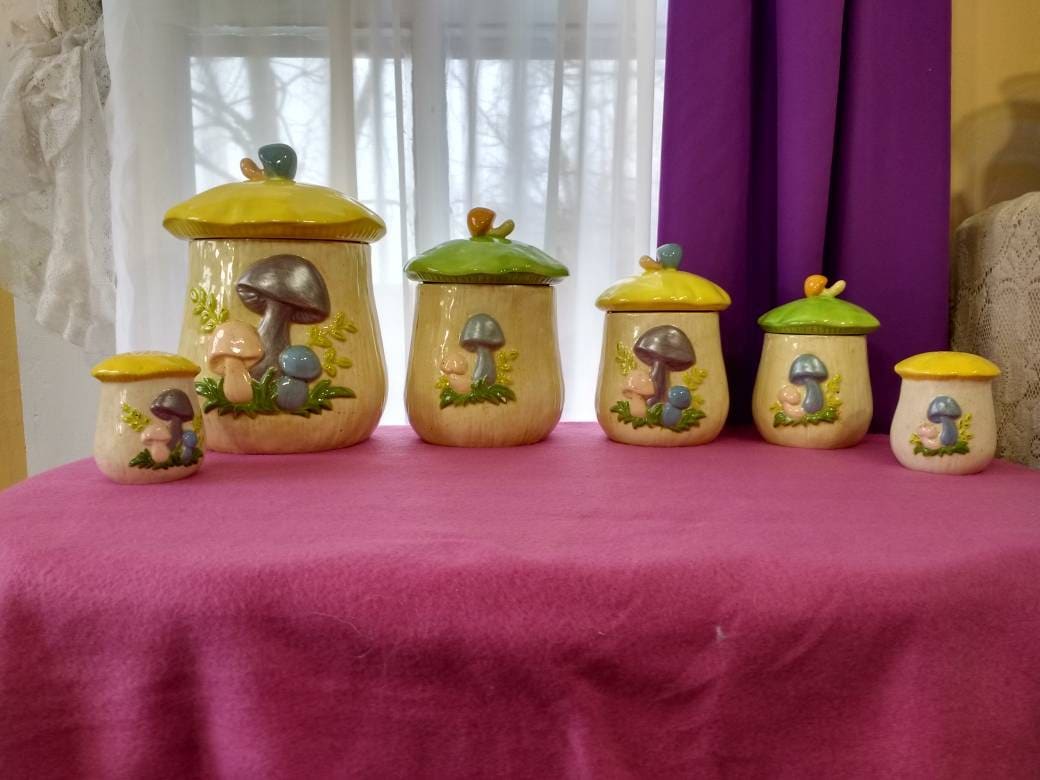 Mushroom Canister Set (4) With Salt & Pepper Shaker RARE Pastel Colors