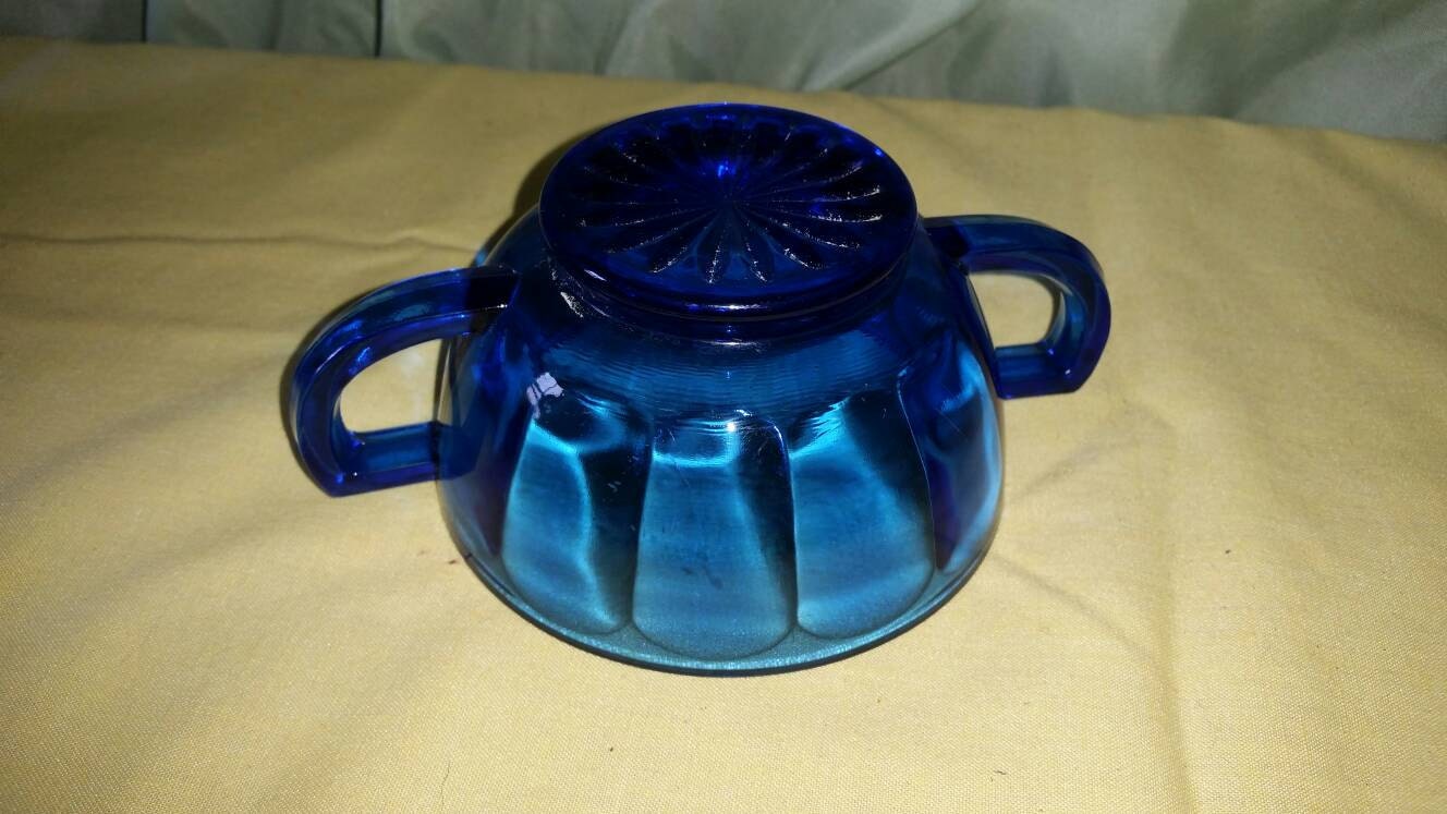 Paneled Cobalt Blue Glass Sugar Bowl Vintage Grande's Treasures