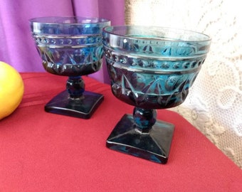Indiana Colony Park Lane Blue Sherbert Cups ~ Set Of 2 ~ Footed Dessert Bowls Pedestal Bowls Retro Glassware Vintage Kitchen
