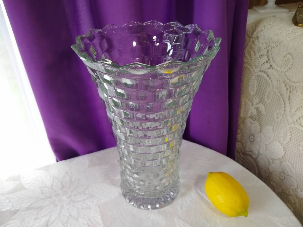 Indiana Whitehall Large Vase Clear Glass Cubed Tall Vase Mid Century