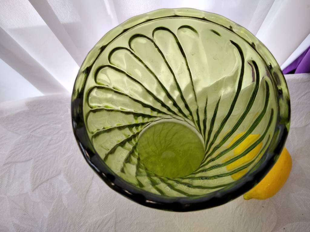 Large Olive Green Flower Vase Cross Hatched Swirl Pattern Beveled Rim