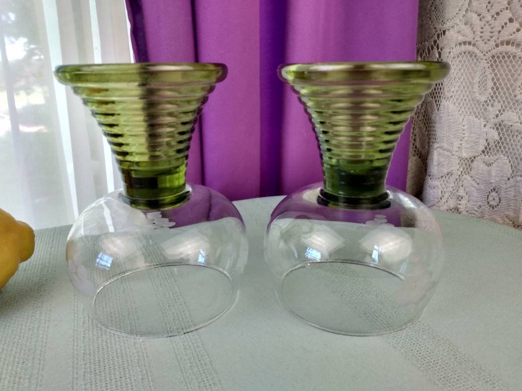 Roemer German Wine Glasses Etched Grapes Vines Green Ribbed Hollow Stem 1/41 Set of 2 Heidelberg