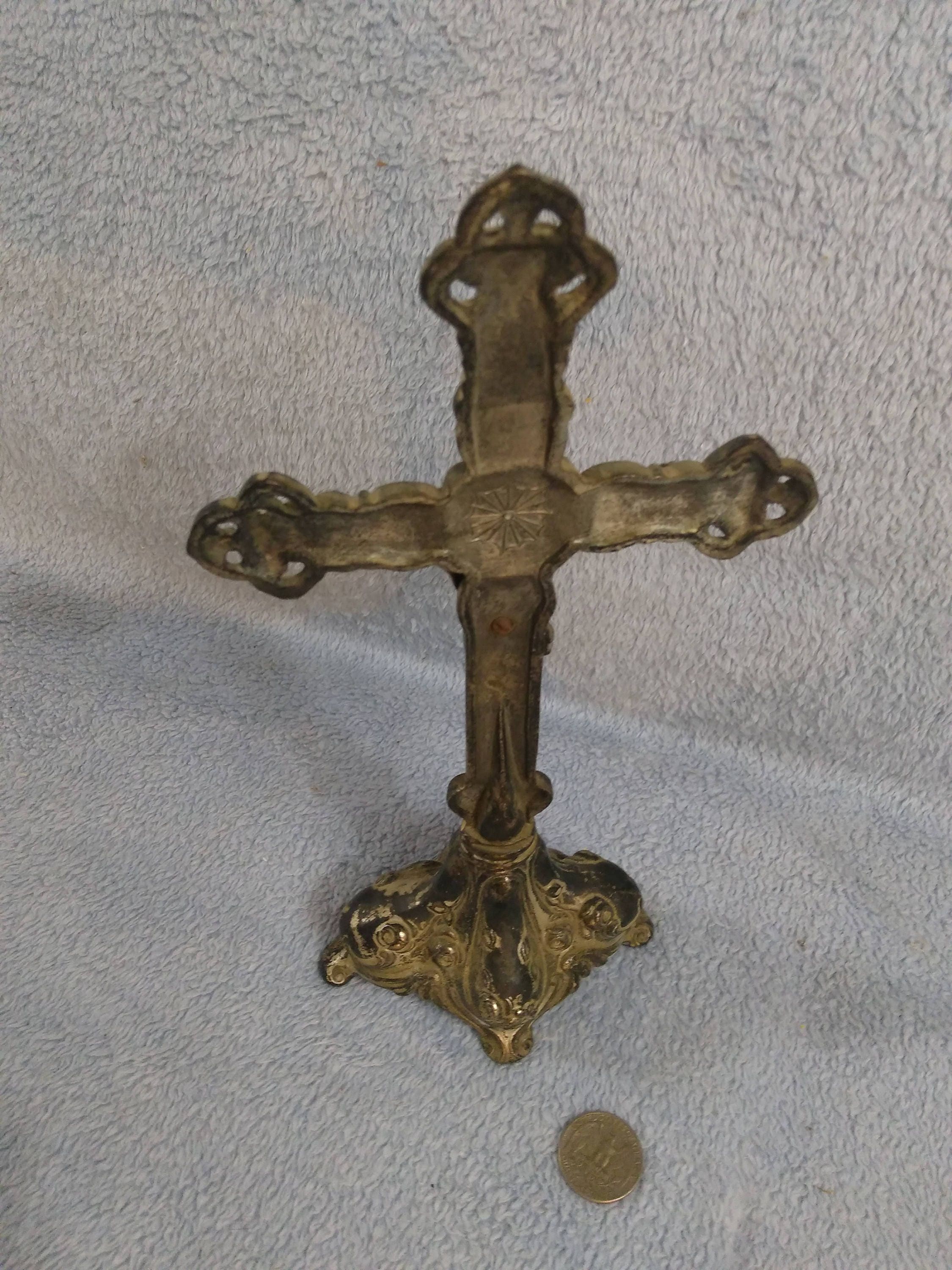 Rare Cast Iron Table Crucifix Jesus On Cross Figurine Religious Home