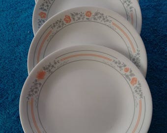 Set of 4 Corelle By Corning Apricot Grove Bread And Butter  Plates 7 1/4 Inch Salad Peach Flowers Gray Pin Strip Ringed Made In USA