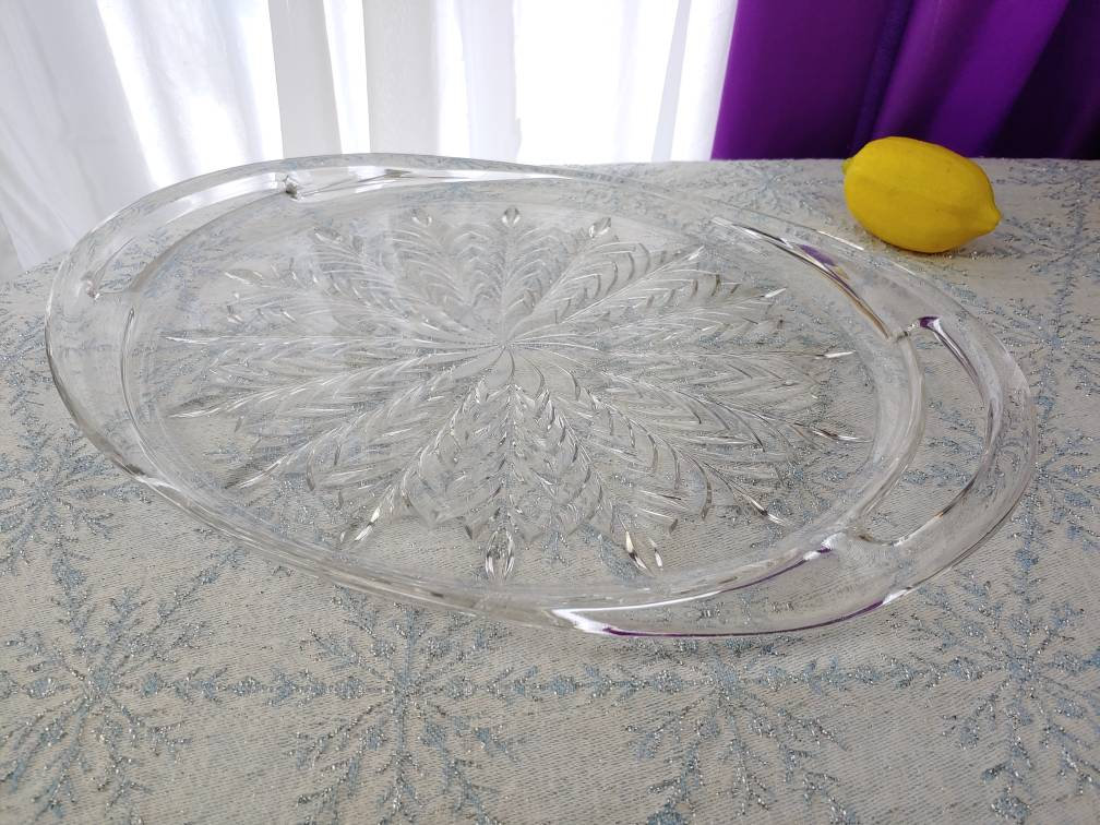 Feather Large Oval Serving Platter Tray Open Handled Clear