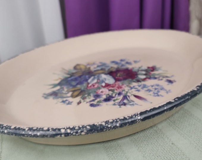 Vintage Stoneware House And Garden Party Floral Oval Serving Platter Stoneware 13 Inch Length Rare