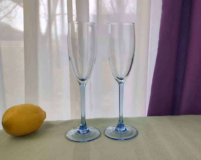 Crystal D'Arques Durand Azur Light Blue Stem Champagne Flutes  Set Of 2 ~ 8 3/4 Inches Tall