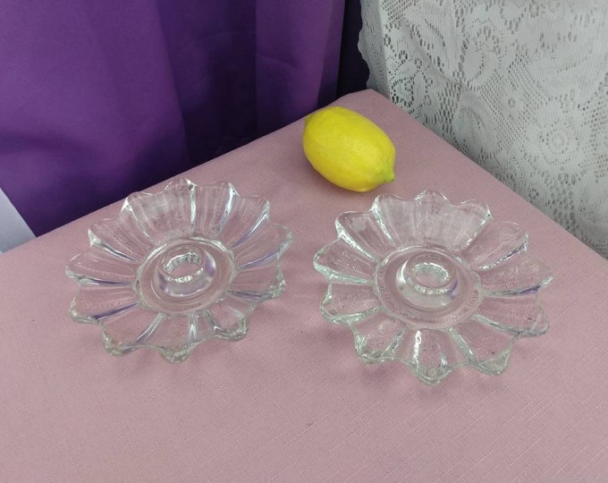 Celestial Candlestick Holders Federal Glass Clear Atomic Starburst MCM Set Of 2 Affordable Gift! Art Deco Mid Century Modern