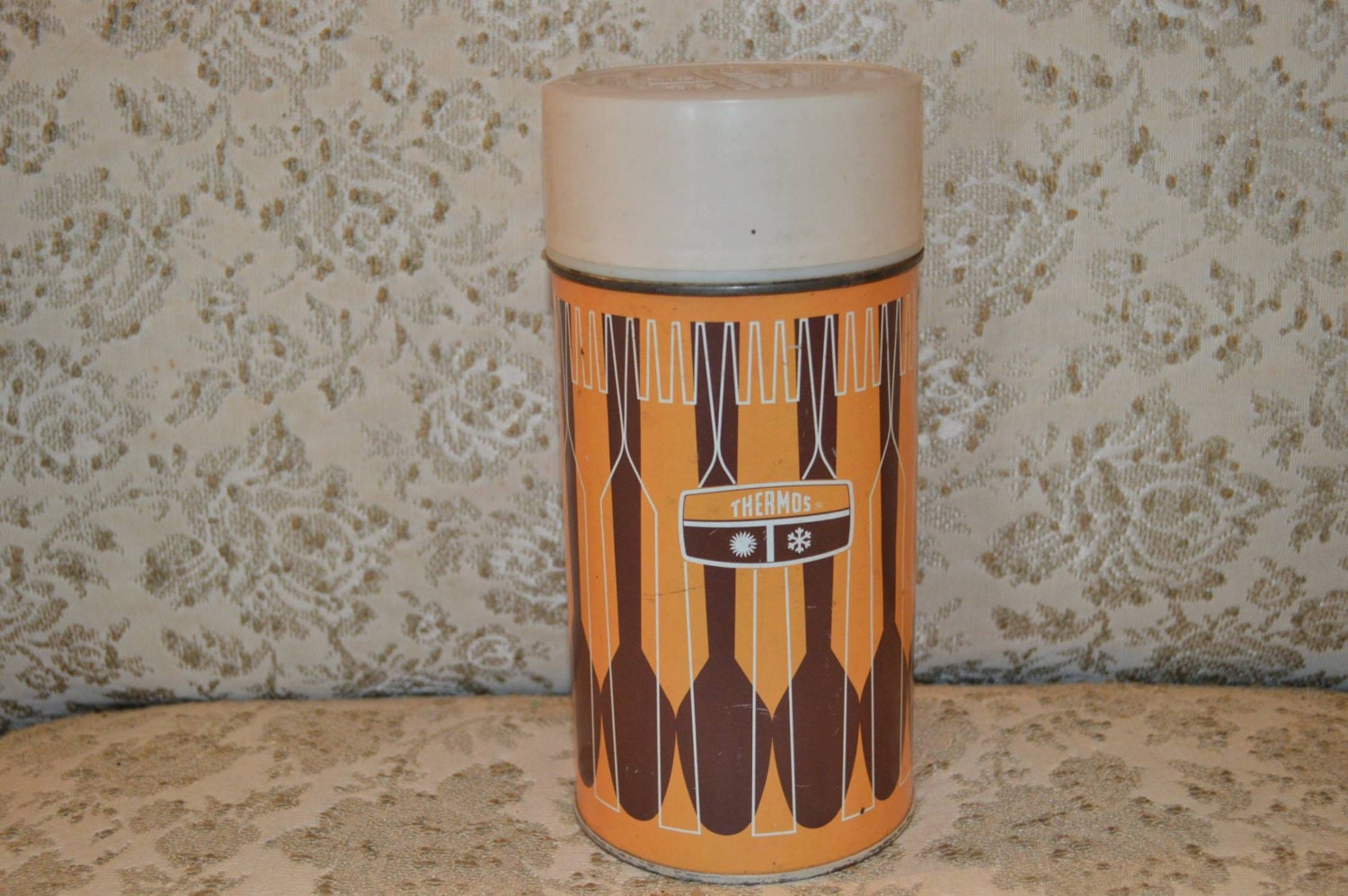 Vintage 1 Pint Thermos Brand Brown & Orange Geometrical Design King