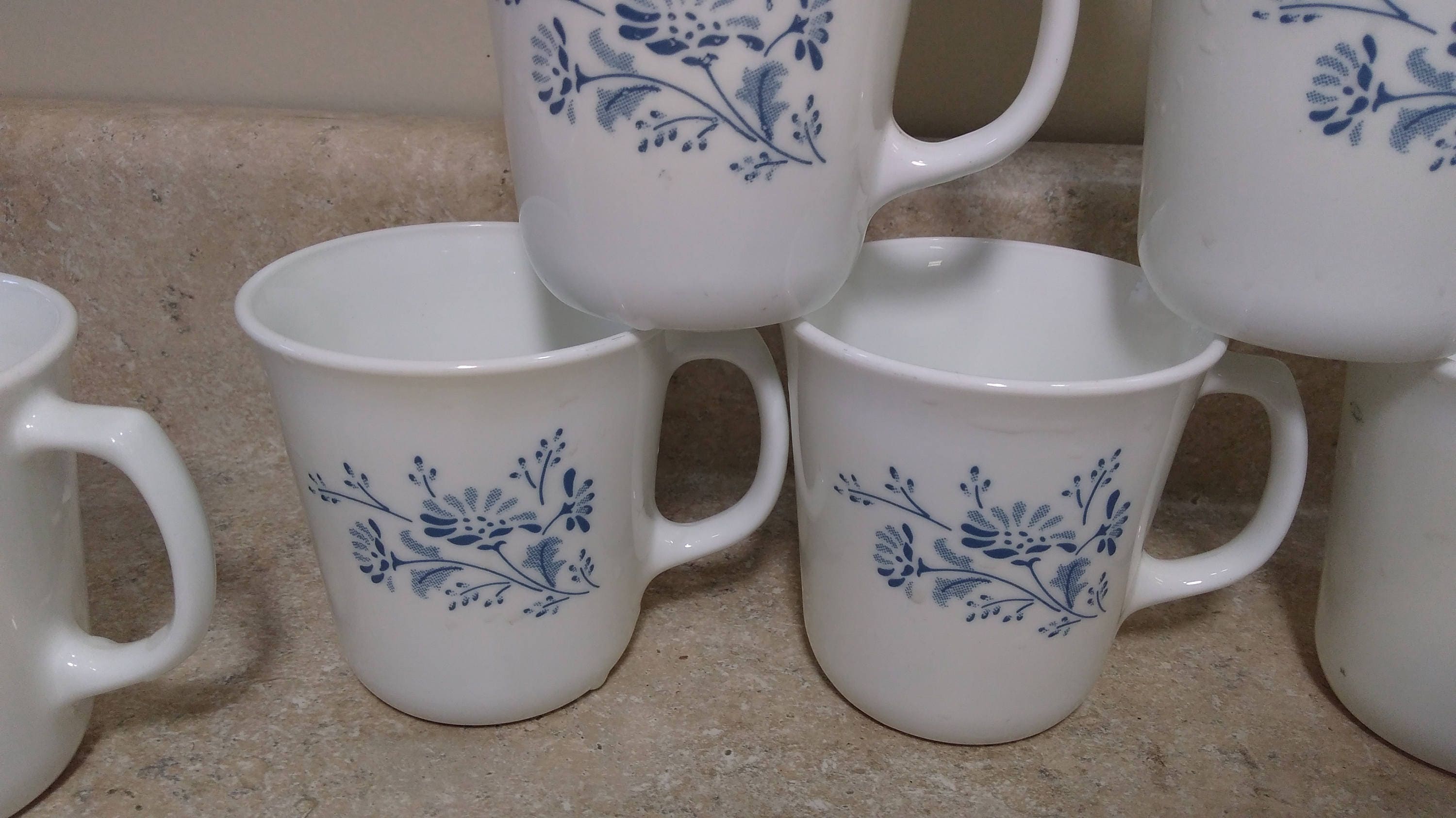 Set of 8 Corning Corelle Colonial Mist Coffee Cups Mugs Blue Floral Flowers