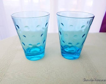 Hazel Atlas Turquoise Blue Capri Dots Wiskey Glasses Cocktail Glasses Happy Hour Mismatched  Bar Azure Dot Glasses