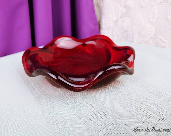 Fenton Ruby Red MCM Heavy Spiral Optic Glass Rose Trinket Dish Ashtray Vintage Mid Century Textured Flower Swirl Bowl Paper Weight 5 Inch