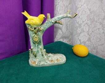 Ucagco Ceramics Japan Figurine Yellow Bird In Tree Gold Details Ornament Holder Vintage Ceramic RARE Fine Art Mid Century Green Tree Trunk