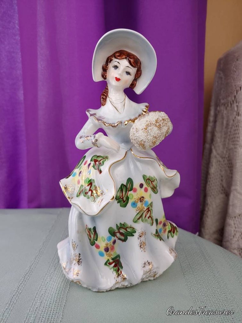 Vintage Figurine, Lipper And Mann, L And M, Victorian Lady With Bonnet Floral Skirt And Muff afbeelding 2