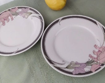 Vintage China, Antique Dinnerware, Salad Plates ~ Set Of 2 ~ Silverie Sweet Iris Pattern Pink Lavender Gray