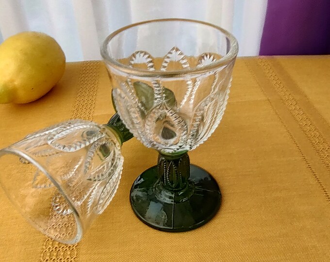 Vintage Glassware Green Stem Cordials, Emerald Accent By Avon, Set Of 2