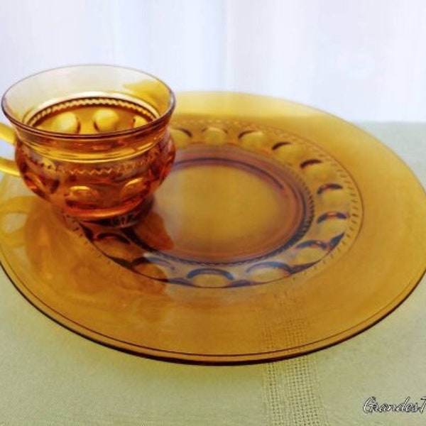 Kings Crown Amber Thumbprint Snack Plate With Cup Indiana Replacement Set Vintage Luncheon Plate