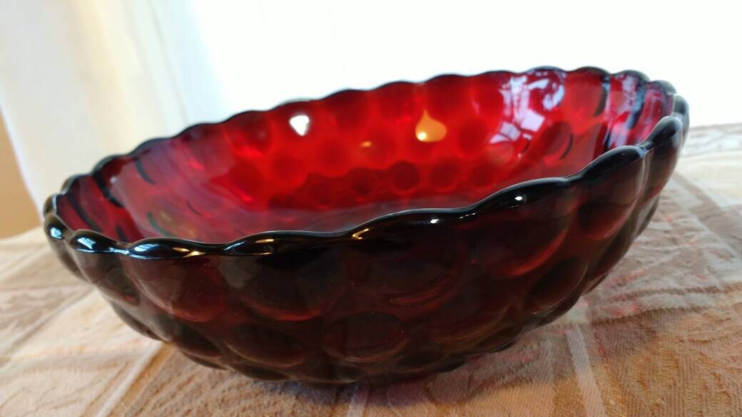 Anchor Hocking Ruby Red Bubble Glass Serving Bowl Salad Bowl 8 inch