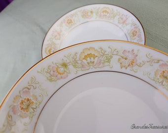 Vintage May Garden Berry Bowls By Noritake # 2355 Set Of 2 ~ Peach Yellow Pink Green Floral On White Gold Trim