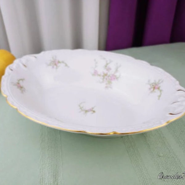 Arcadian ARC2 Old Rose Pattern Fine China Vegetable Serving Bowl Spray Of Roses Pink With Gray Flowers Green Leaves Gold Trim Vintage