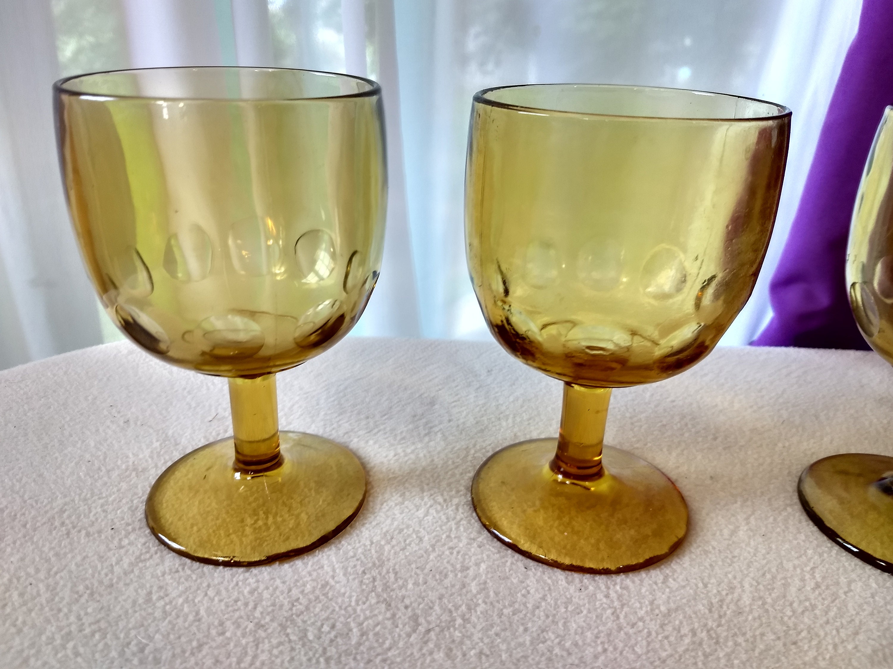 Bartlett Collins Schooners Amber Yellow Glass Goblets Thumbprint Coin