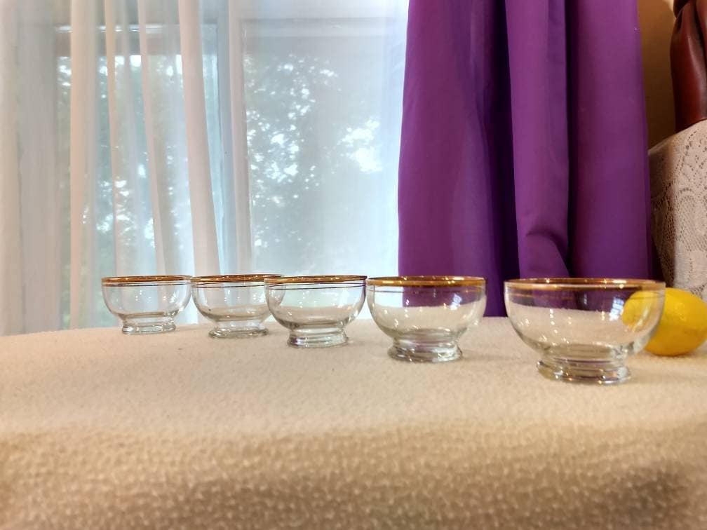 Set Of 5 Anchor Hocking Clear Gold Rimmed Footed Dessert Bowls With