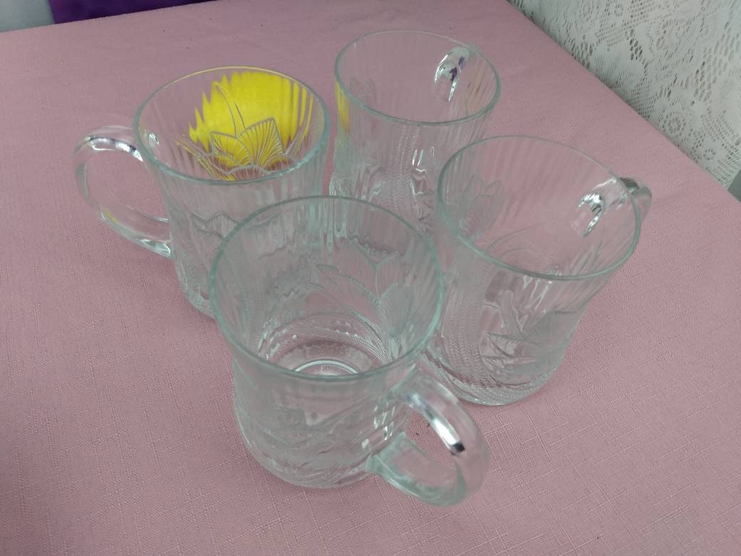 Arcoroc Clear Glass Canterbury Crocus Pattern Coffee Mugs Set Of 4