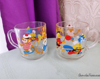 Vintage Clear Glass Mugs Children's Mugs Fox Rabbit Monkey Duck Cartoon ~ Set Of 2