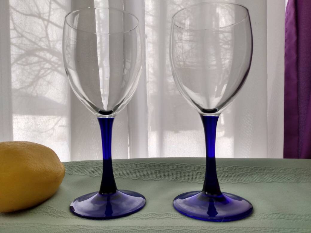 Luminarc Cobalt Stem Wine Glasses Set Of 2 Blue Retro 80's Stemware Arcoroc French Blue Stemmed