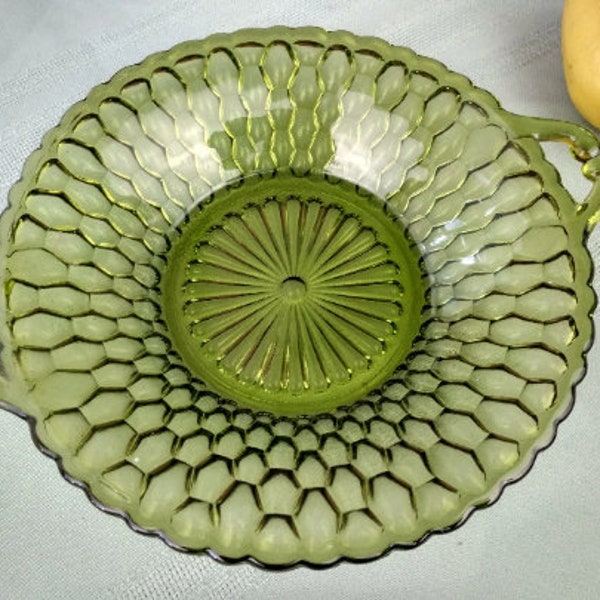 Vintage Glassware, Indiana Avocado Green Handled Candy Dish Honeycomb Beveled Pattern Star Center Olive Green Affordable Gift Trinket Dish