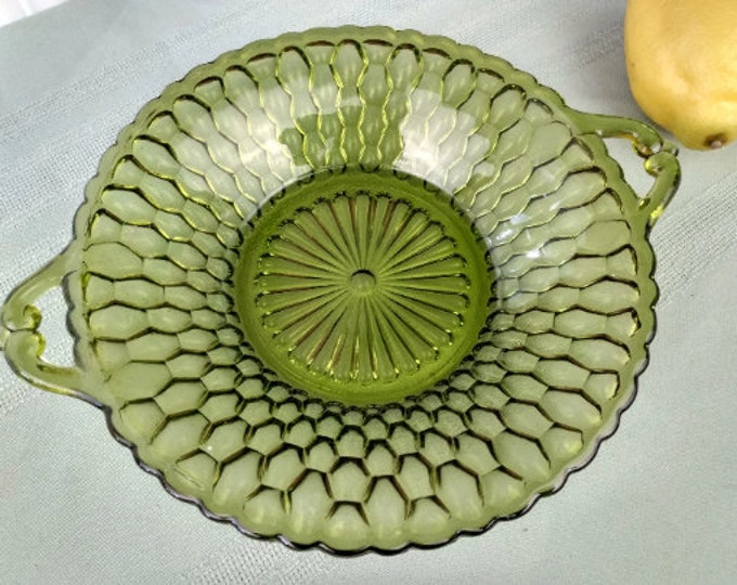 Vintage Glassware, Indiana Avocado Green Handled Candy Dish Honeycomb Beveled Pattern Star Center Olive Green Affordable Gift Trinket Dish