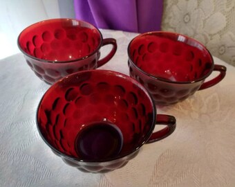 Ruby Red Bubble Pattern Tea Cups Collectible Replacement Anchor Hocking Set Of 3 No Saucers
