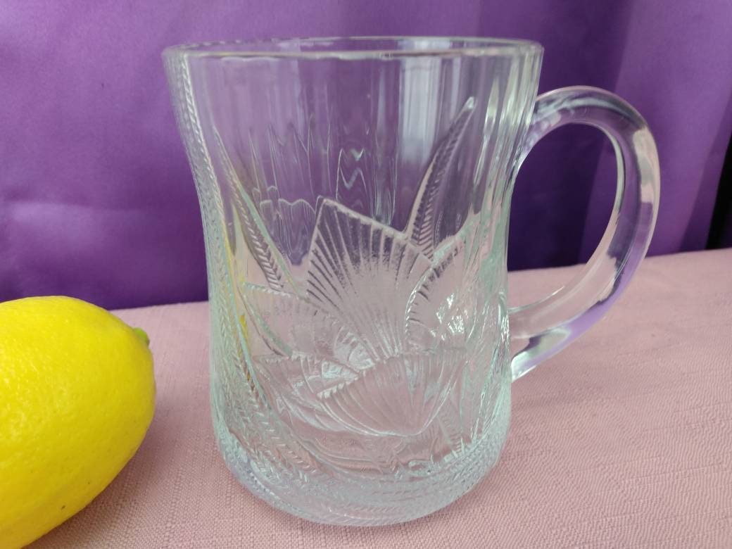 Arcoroc Clear Glass Canterbury Crocus Pattern Coffee Mugs Set Of 4