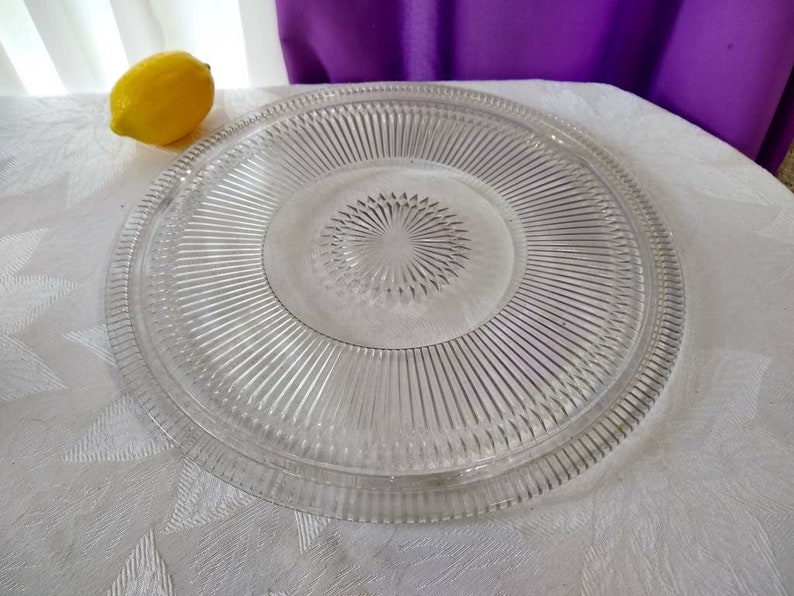 Large Glass Cake Plate 3 footed Large 12 Inch Rare Fits 11 Inch Cake RARE Kitsch Kitchen Cake Fitd 11 Inch Cake Cover. image 2