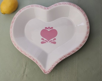 Pink Sponge & White Stoneware Heart Shaped Bake Pan Spongeware Rim Casserole Cake Ceramic Serving Bowl