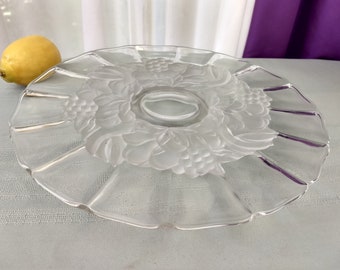 Vintage Glassware, Indiana, Embossed Garland Fruit Platter, Frosted Center, Torte Plate, 13 Inch Wedding Depression Glass